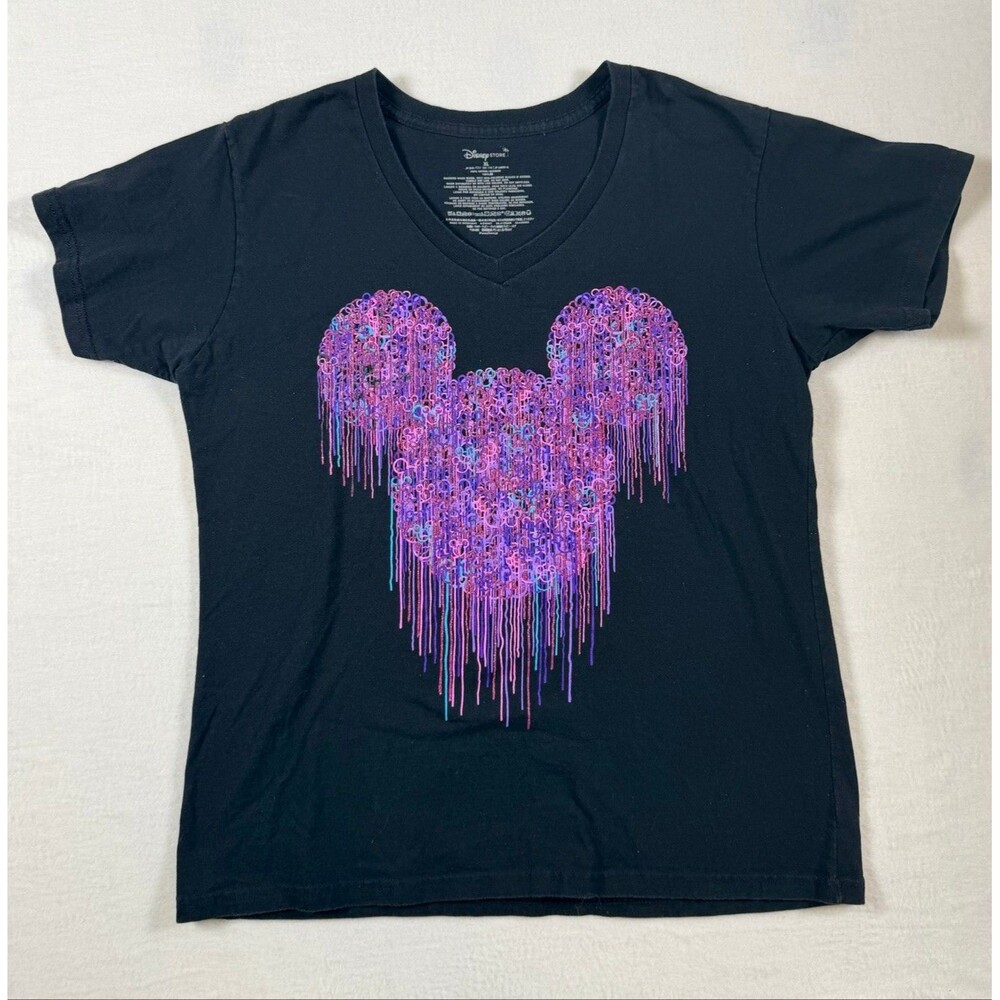 Disney Store Mickey Drip Paint V-Neck Tee Black Glitter Pink Purple XL